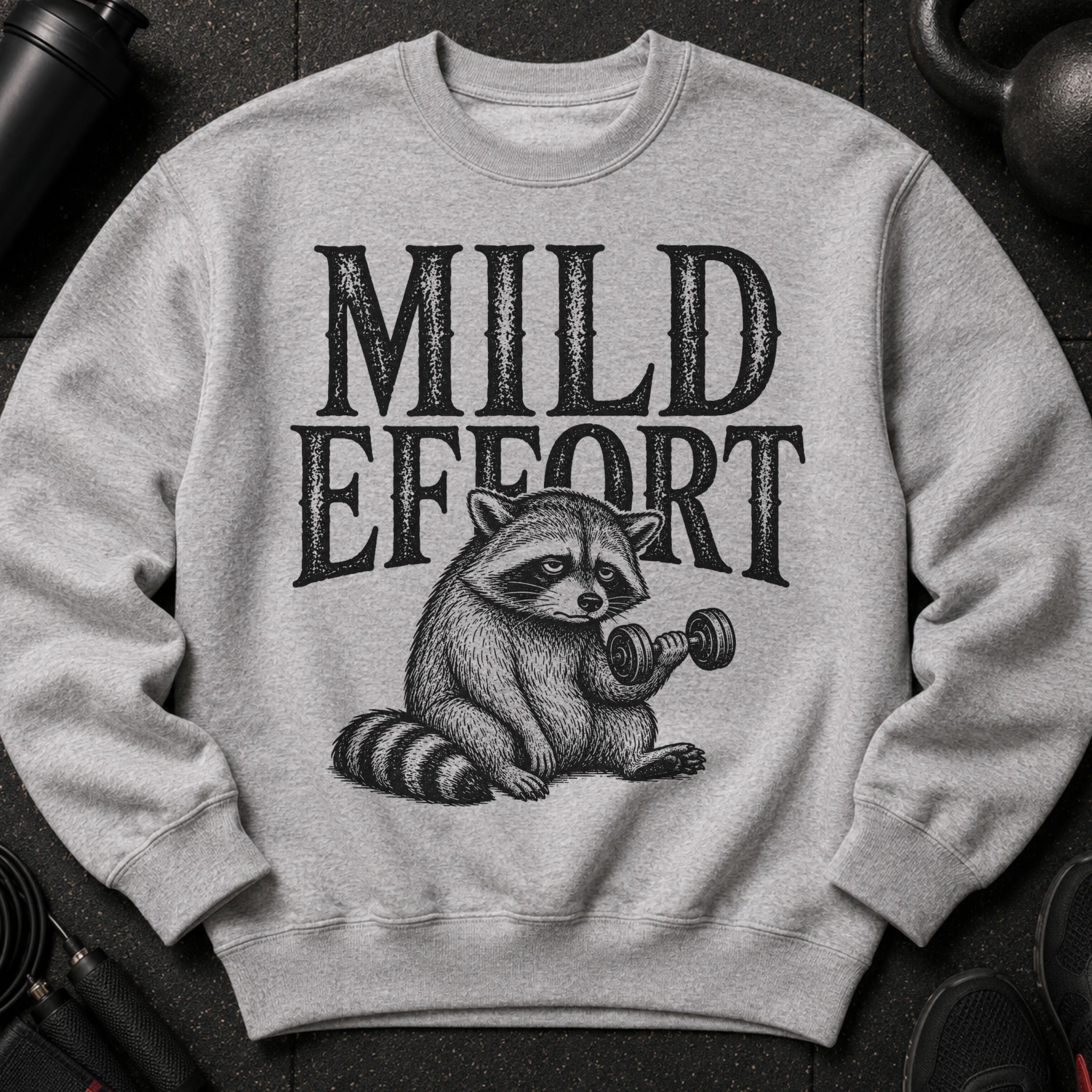 Grey sweatshirt with "MILD EFFORT" text above a raccoon lifting a dumbbell.