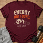Maroon t-shirt with panda, barbell, and text "ENERGY NOT FOUND. PLEASE REBOOT."
