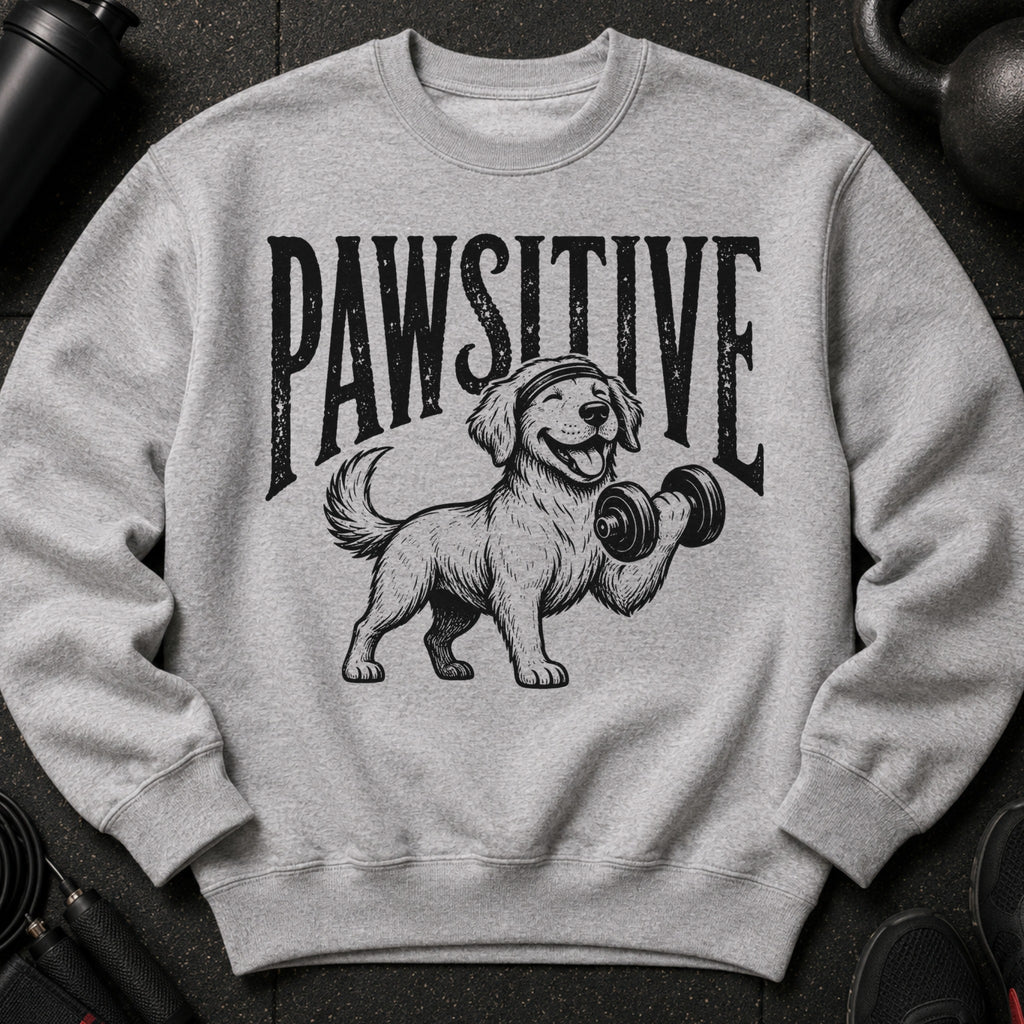 Gray sweatshirt with black graphic of dog lifting dumbbell and text "PAWSITIVE".