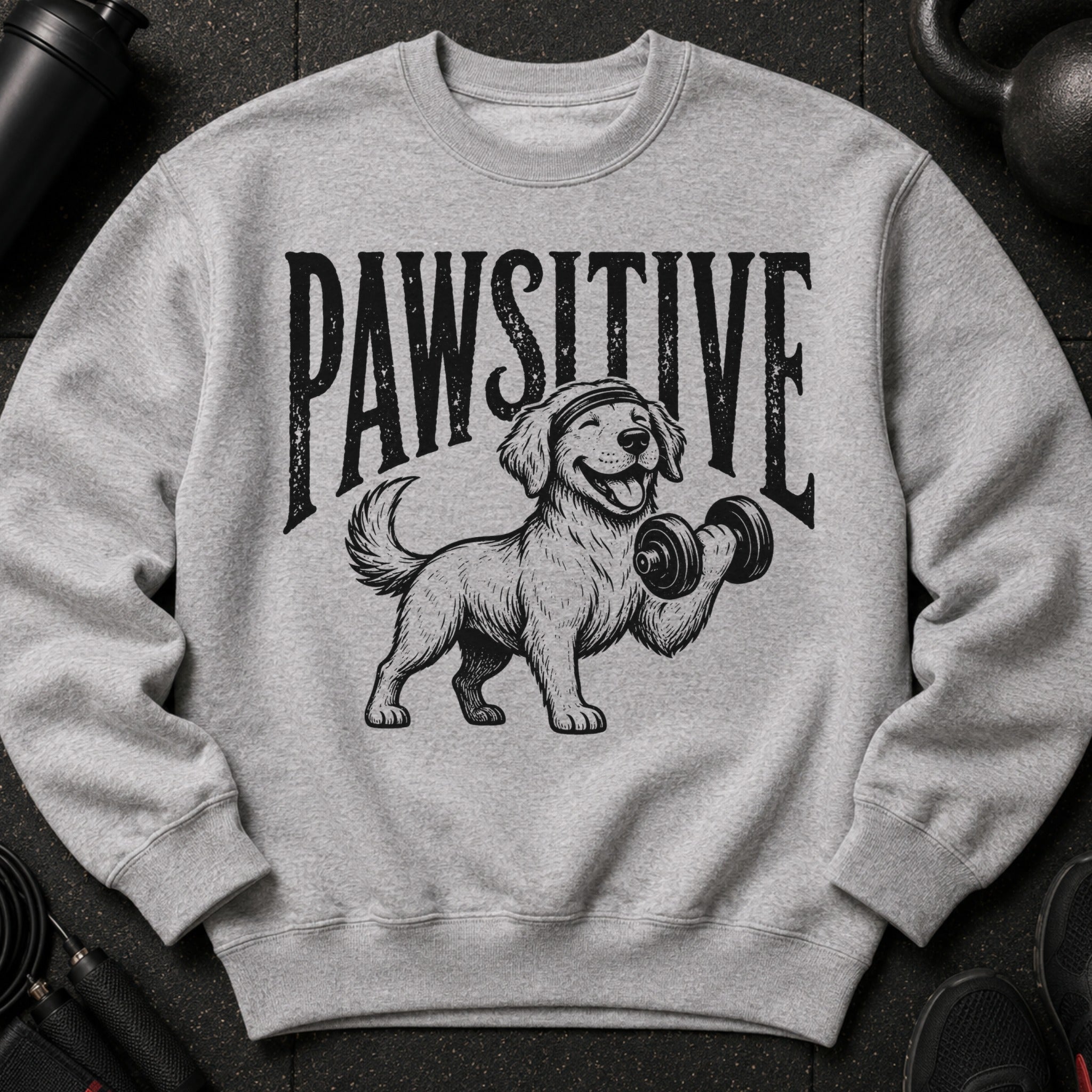 Gray sweatshirt with black graphic of dog lifting dumbbell and text "PAWSITIVE".