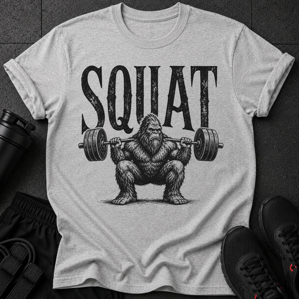 Bigfoot character lifting a barbell with the word "SQUAT" above.