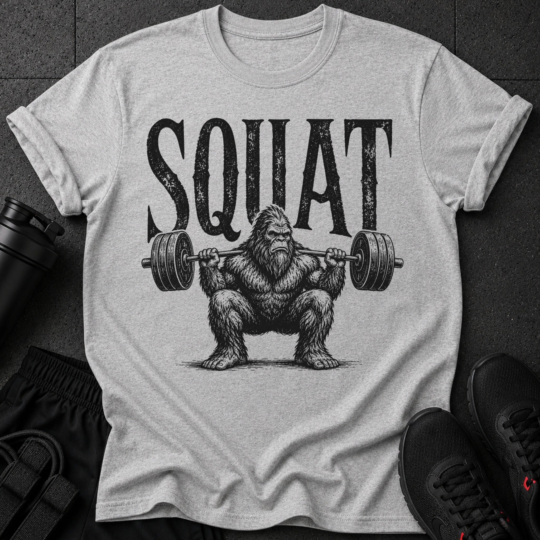 Bigfoot character lifting a barbell with the word "SQUAT" above.