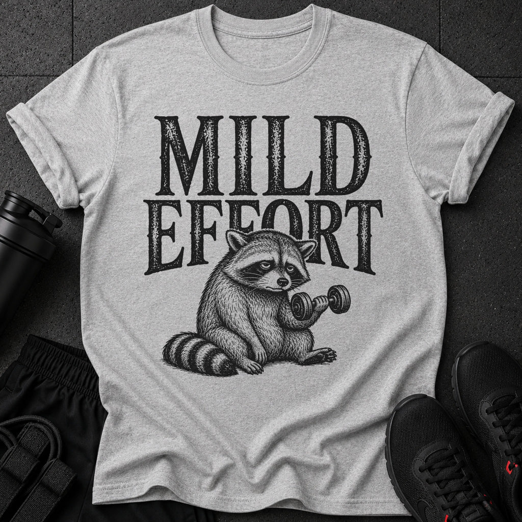 T-shirt graphic: Raccoon lifting dumbbell with text "MILD EFFORT".