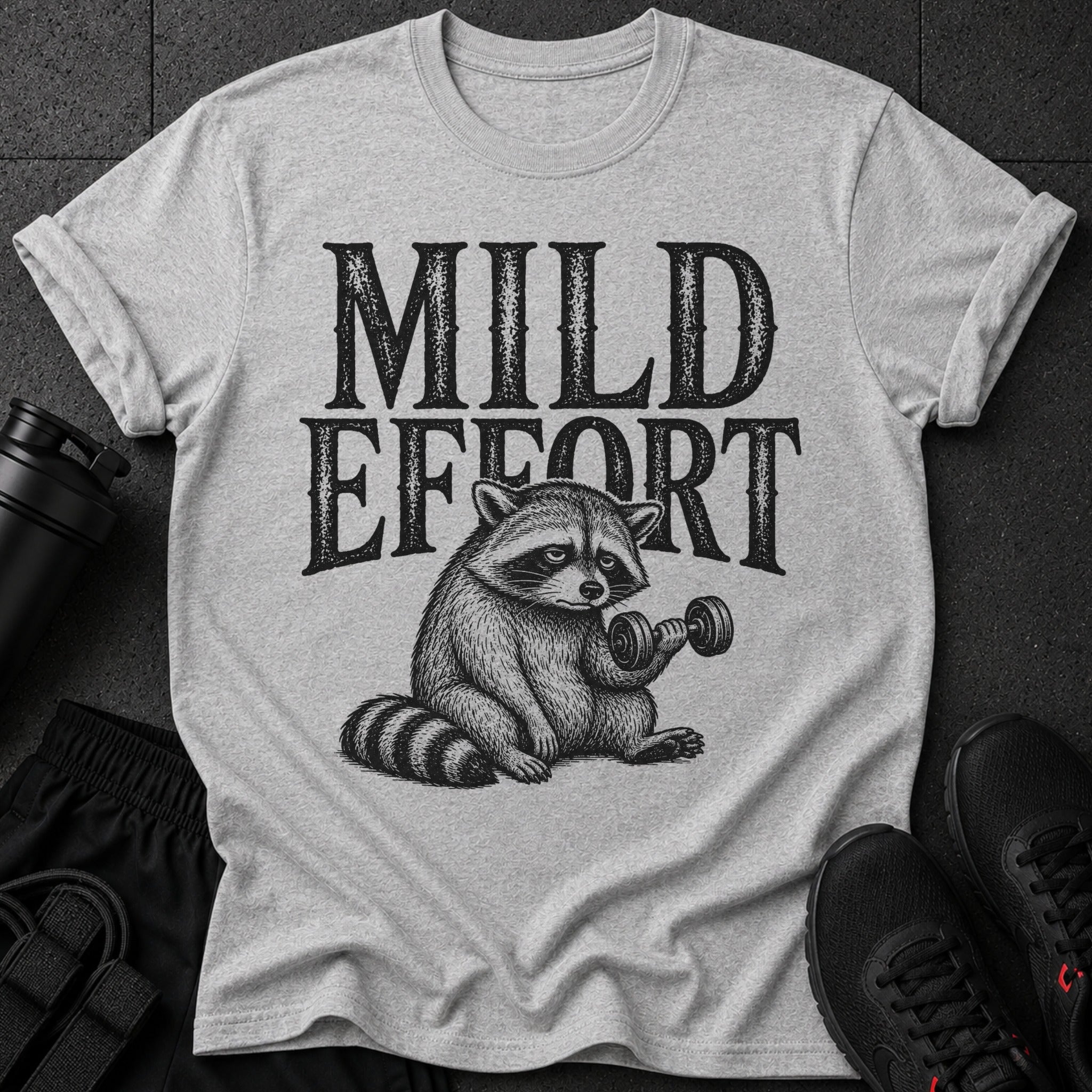 T-shirt graphic: Raccoon lifting dumbbell with text "MILD EFFORT".