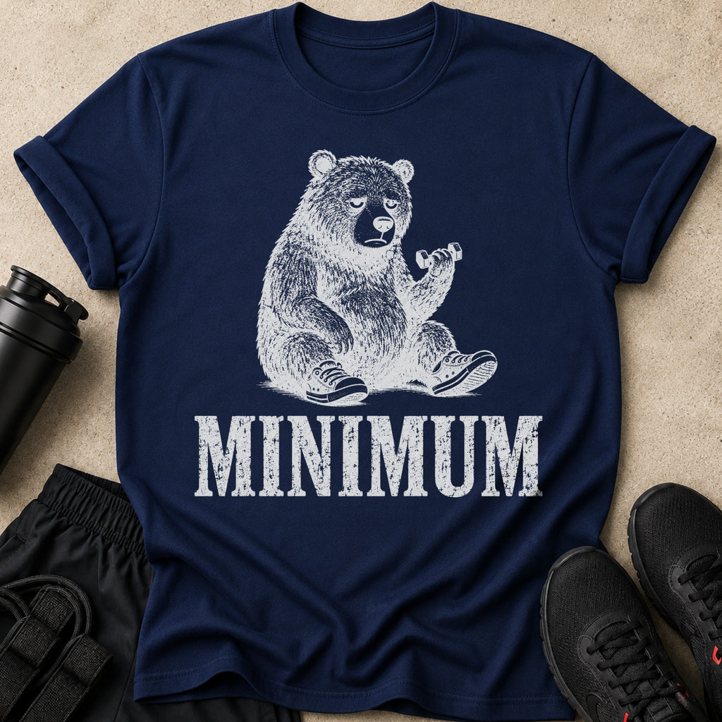 Navy t-shirt with sketch of sad bear lifting dumbbell, text "MINIMUM".