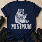 Navy t-shirt with sketch of sad bear lifting dumbbell, text "MINIMUM".