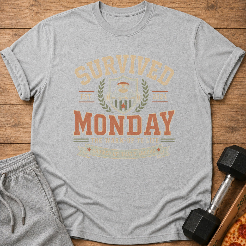Grey t-shirt with "Survived Monday" text and sloth lifting weights graphic.