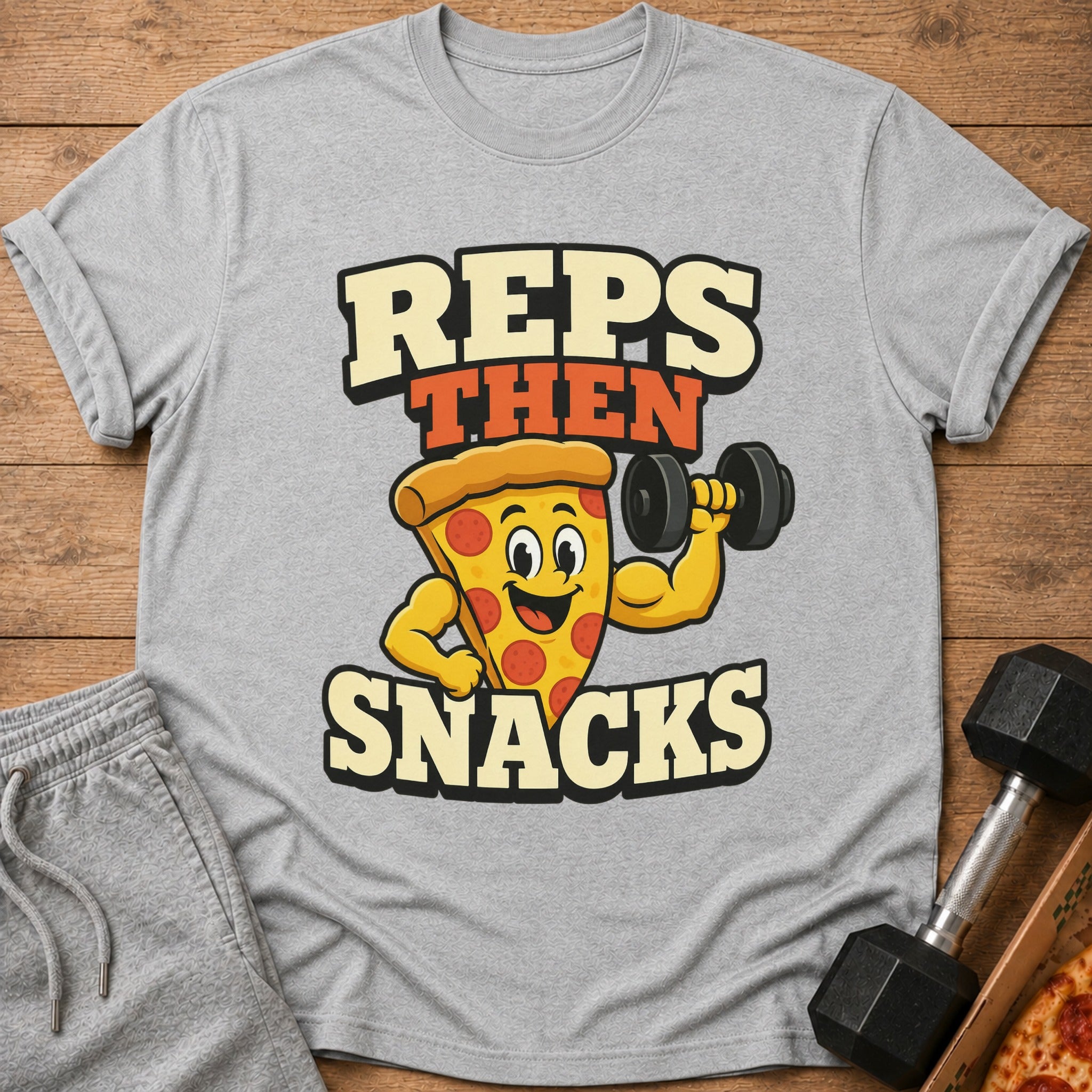 Grey t-shirt with "Reps Then Snacks" text and a pizza slice lifting a dumbbell.