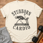 Ostrich on treadmill with text "STUBBORN CARDIO"