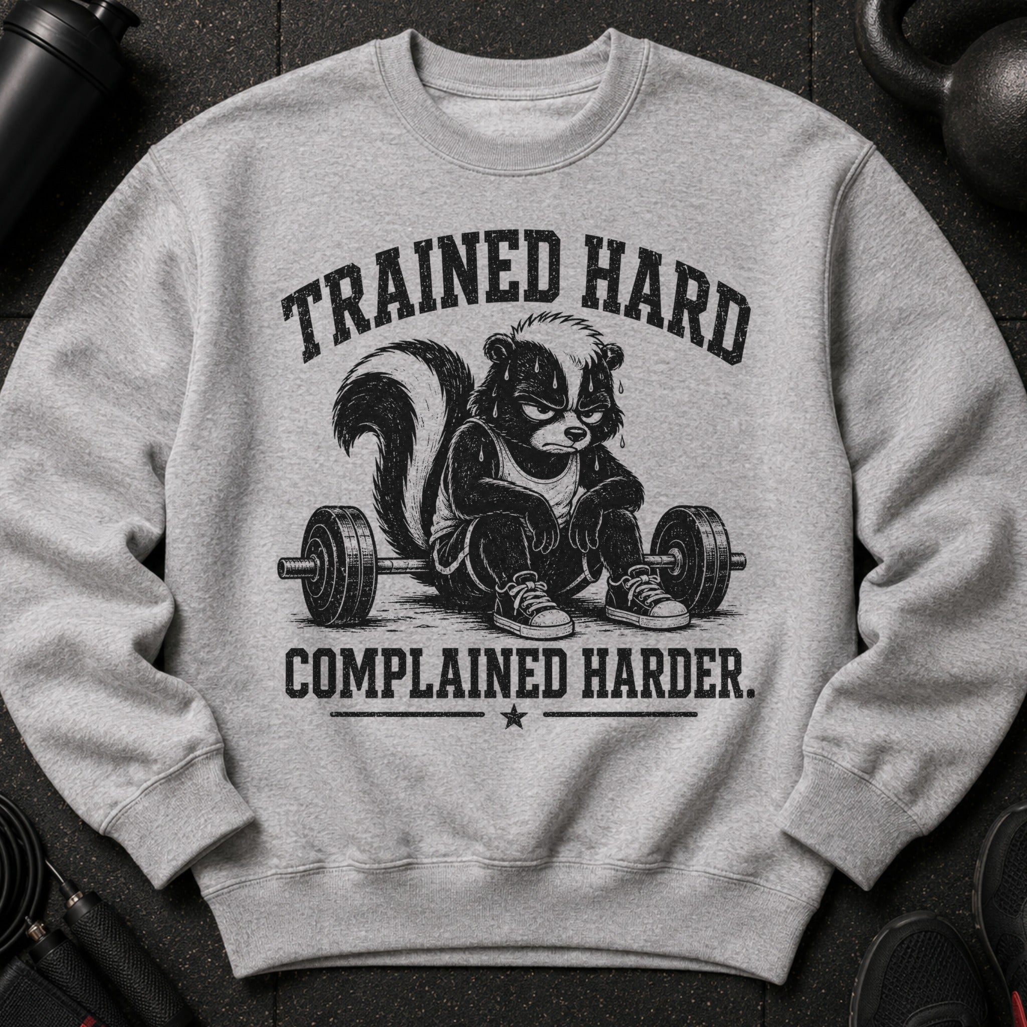 Gray sweatshirt with a skunk lifting weights and text "TRAINED HARD COMPLAINED HARDER."