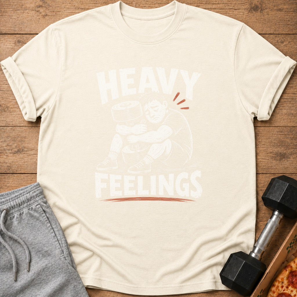Cream t-shirt with "Heavy Feelings" text and graphic of man hugging weight.