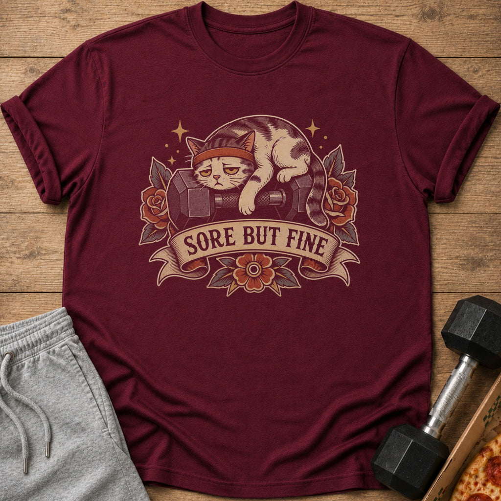 Maroon t-shirt with a cat resting on dumbbells and the text "Sore But Fine".