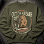 Green sweatshirt with a cartoon capybara on a treadmill that reads "Out of Breath Cardio Society."