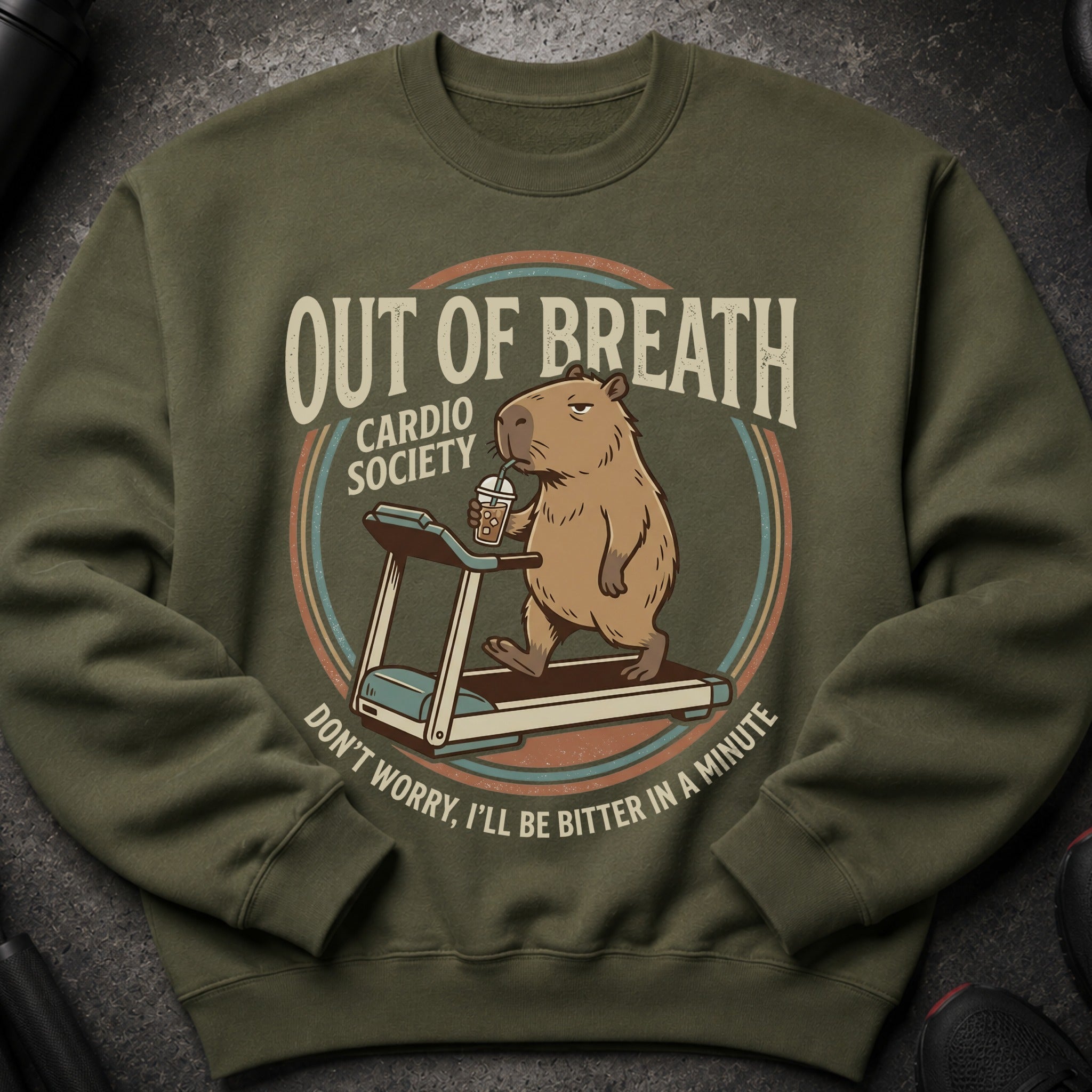 Green sweatshirt with a cartoon capybara on a treadmill that reads "Out of Breath Cardio Society."