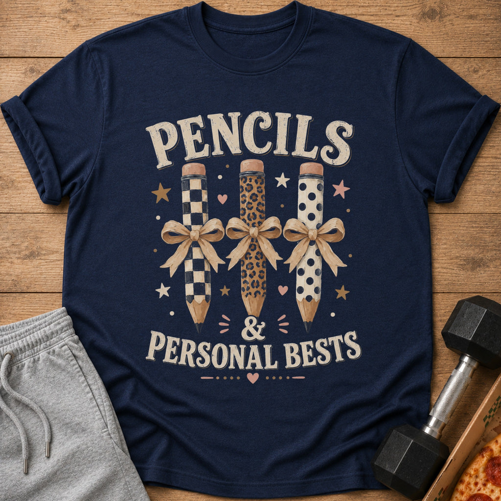 Navy t-shirt with three decorated pencils and text "PENCILS & PERSONAL BESTS".