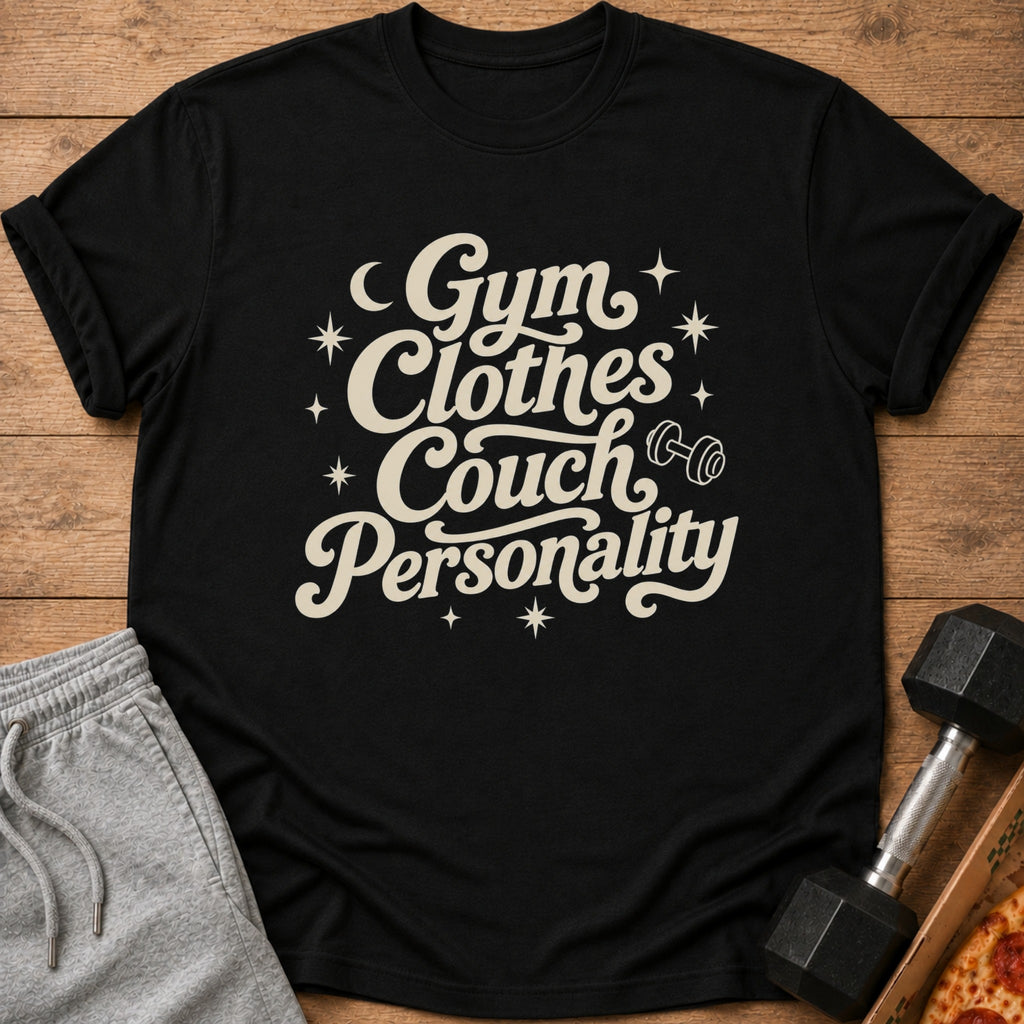 Black t-shirt with "Gym Clothes Couch Personality" text and dumbbell graphic.