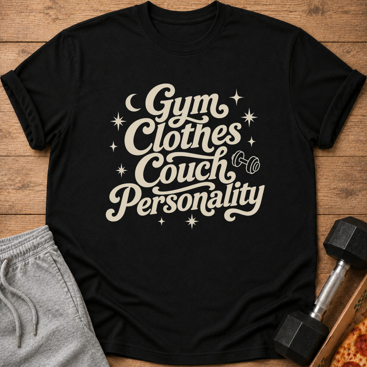 Black t-shirt with "Gym Clothes Couch Personality" text and dumbbell graphic.