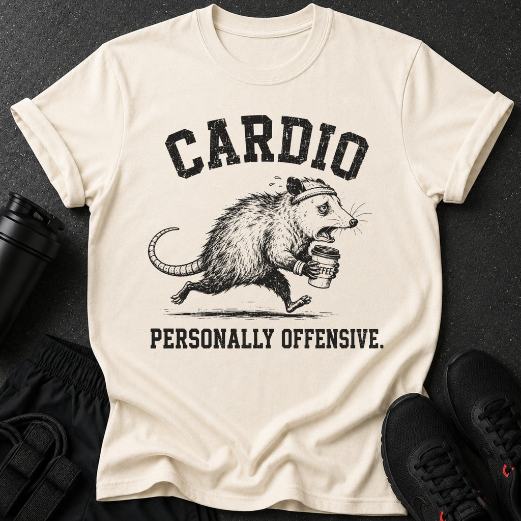 Cream t-shirt with distressed graphic of a running opossum holding coffee and text "CARDIO PERSONALLY OFFENSIVE."
