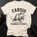 Cream t-shirt with distressed graphic of a running opossum holding coffee and text "CARDIO PERSONALLY OFFENSIVE."