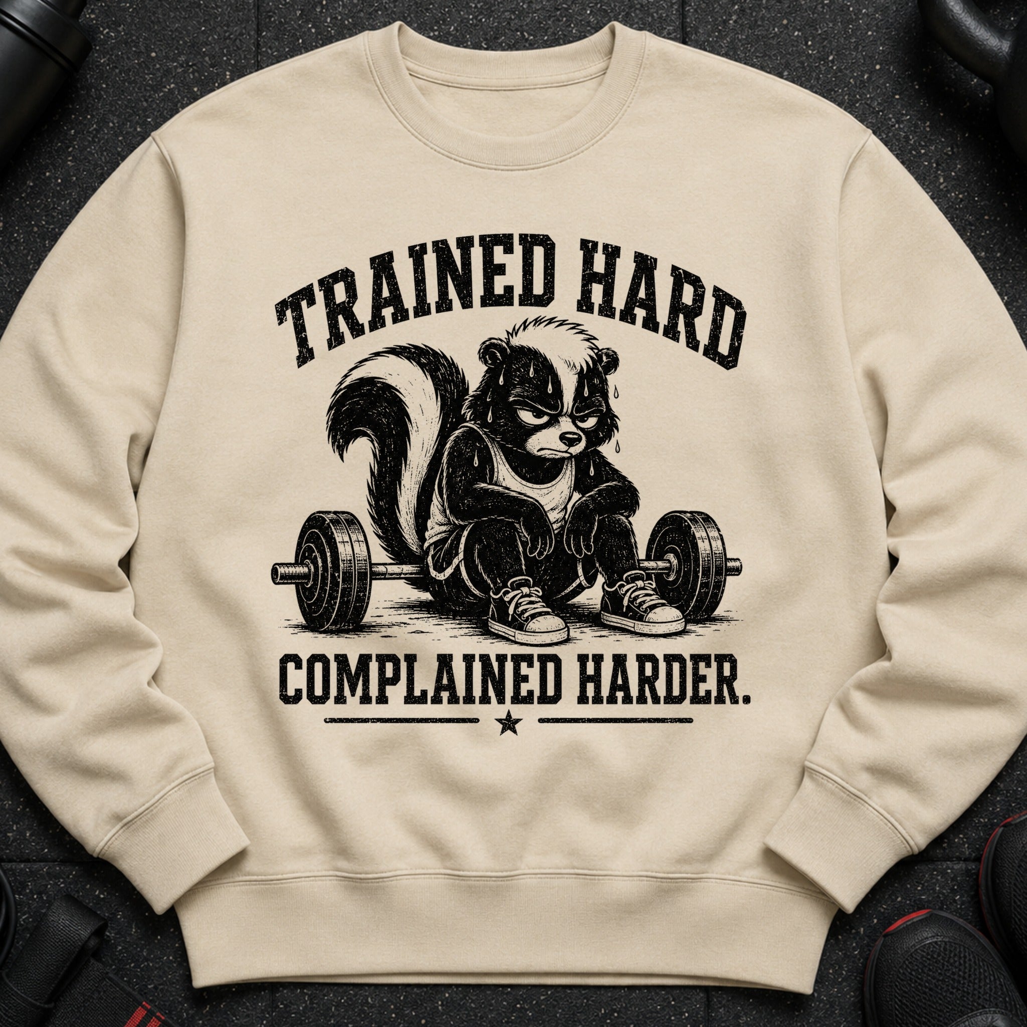Crewneck sweatshirt with skunk lifting weights and text "TRAINED HARD COMPLAINED HARDER."