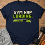 Navy t-shirt with "GYM NAP LOADING" text, progress bar, and sleeping kettlebell.