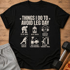 Black t-shirt with white text and graphics about avoiding leg day.