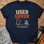Navy t-shirt with "USER ERROR TRY TOMORROW" text and treadmill graphic.