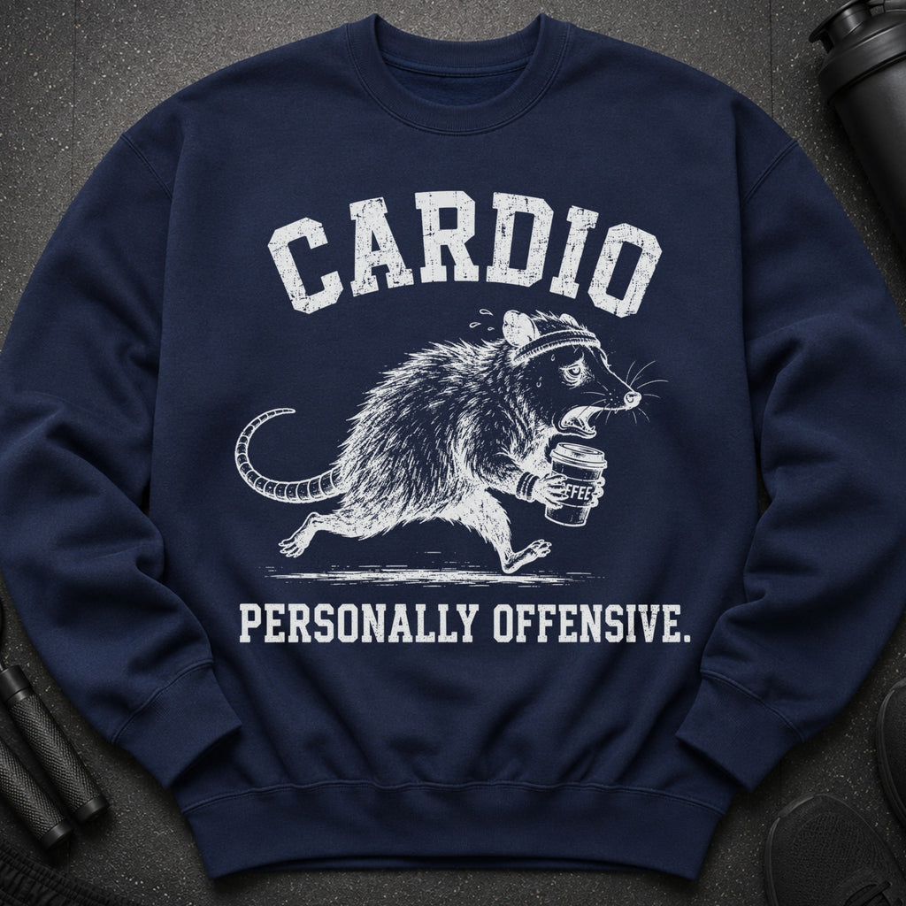 Navy sweatshirt with white distressed text "CARDIO" and a running possum holding coffee.