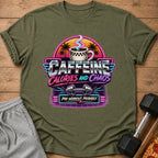T-shirt graphic with coffee cup, dumbbells, and text "CAFFEINE CALORIES AND CHAOS PRE-WORKOUT, PROBABLY."