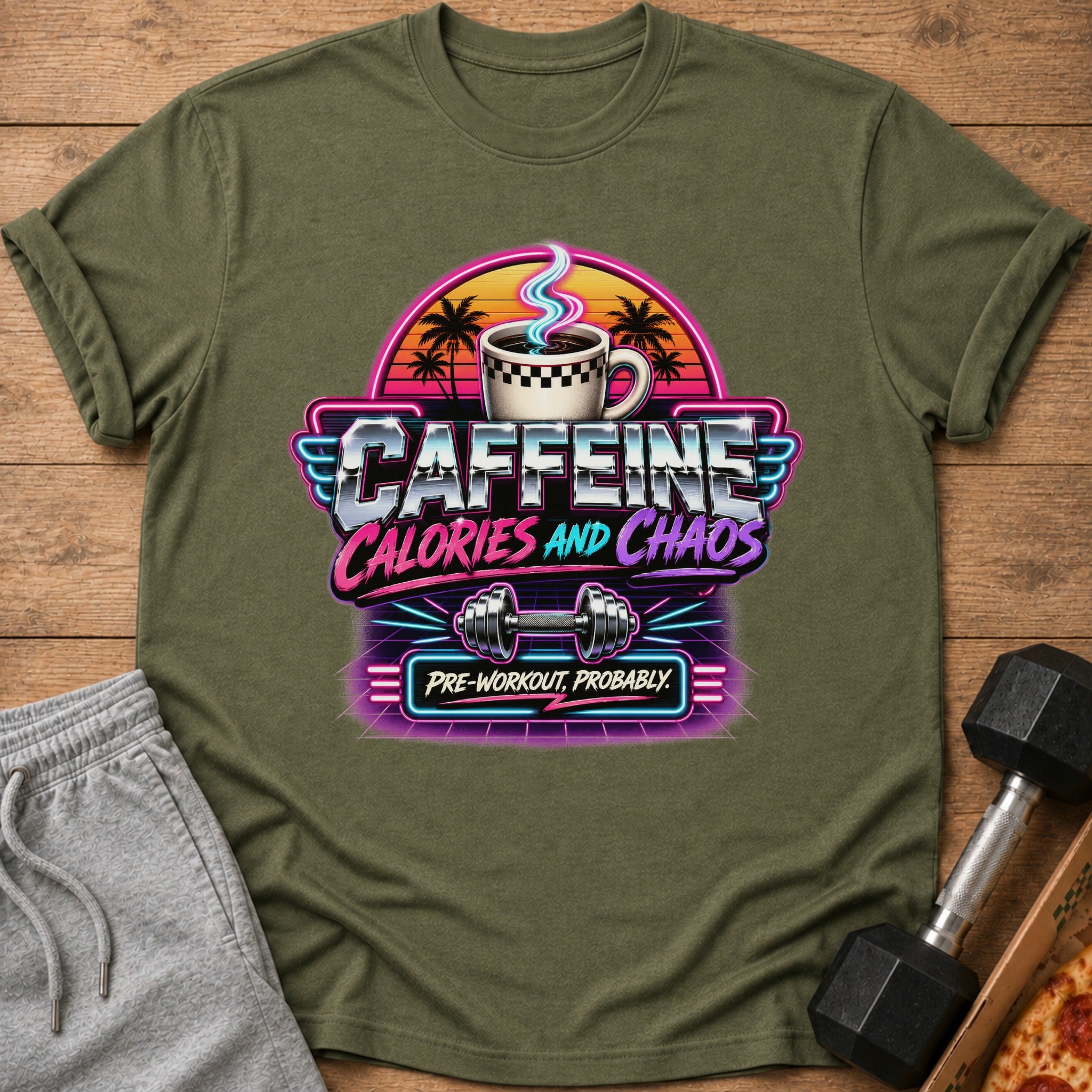 T-shirt graphic with coffee cup, dumbbells, and text "CAFFEINE CALORIES AND CHAOS PRE-WORKOUT, PROBABLY."