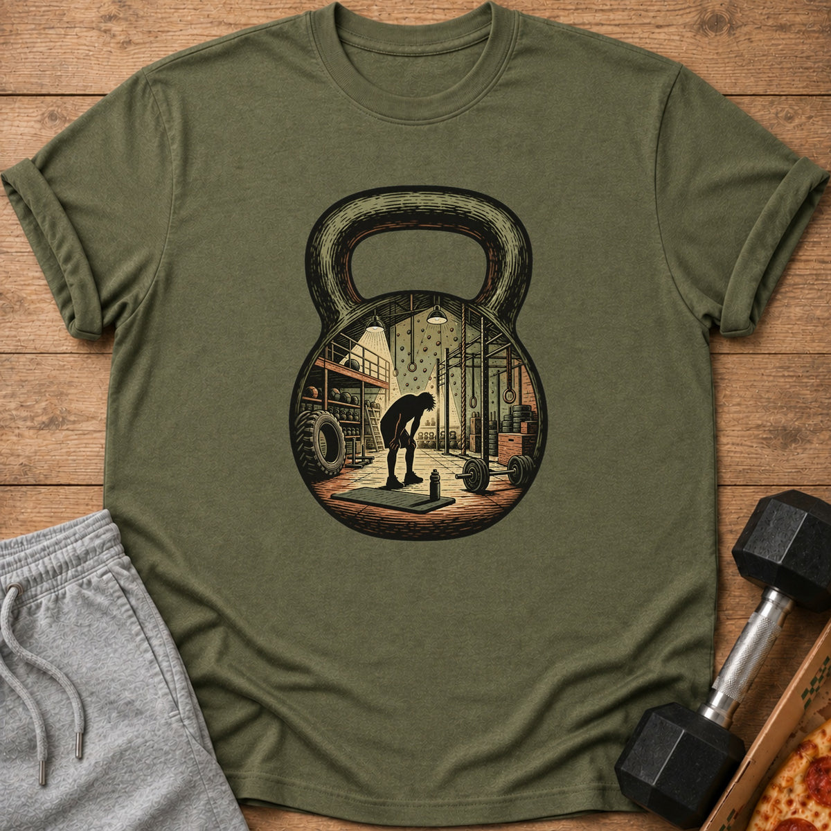 Olive green t-shirt with a graphic of a gym scene inside a kettlebell.