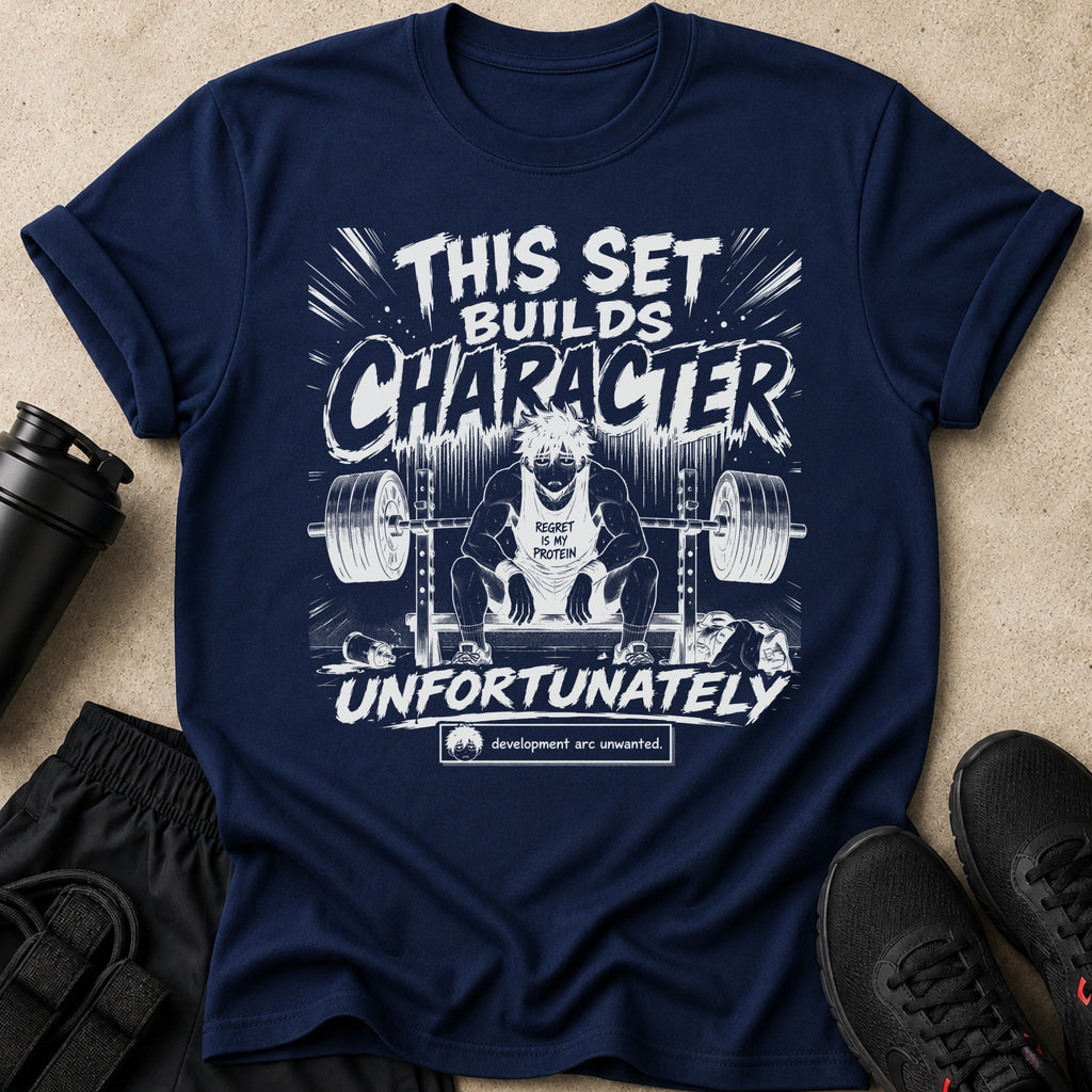 Navy t-shirt with white text and graphics: "THIS SET BUILDS CHARACTER UNFORTUNATELY"
