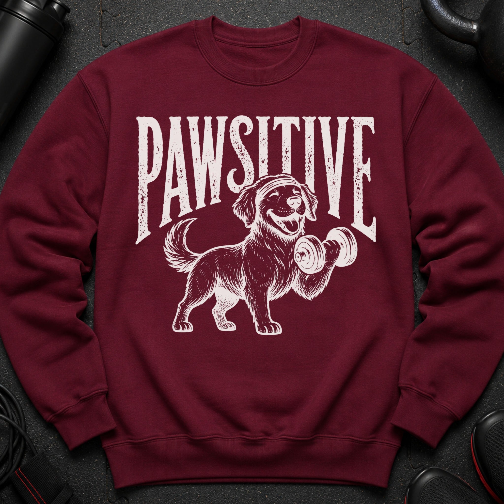 Maroon sweatshirt with white distressed graphic of a dog lifting a dumbbell and the text "PAWSITIVE".