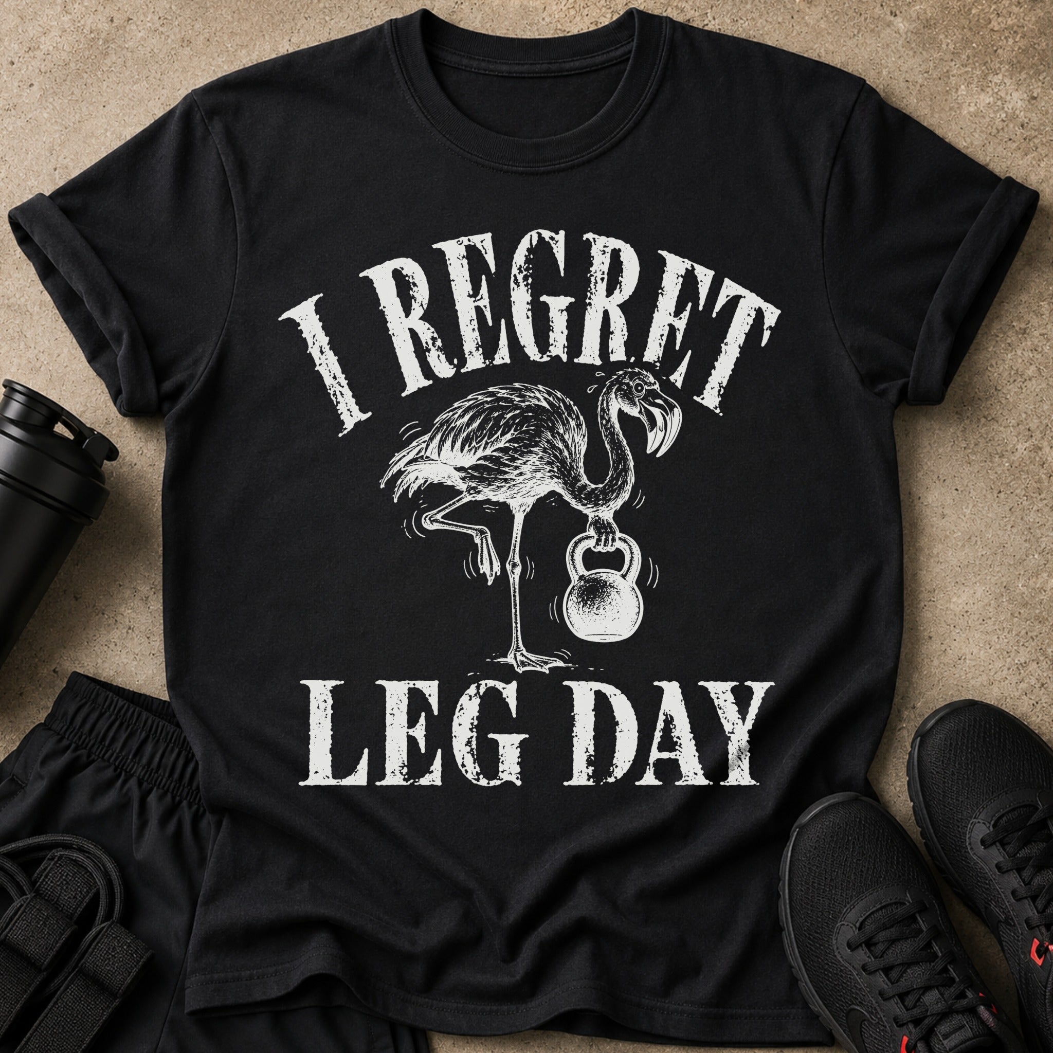 Black t-shirt with distressed text "I Regret Leg Day" and a flamingo lifting a kettlebell.