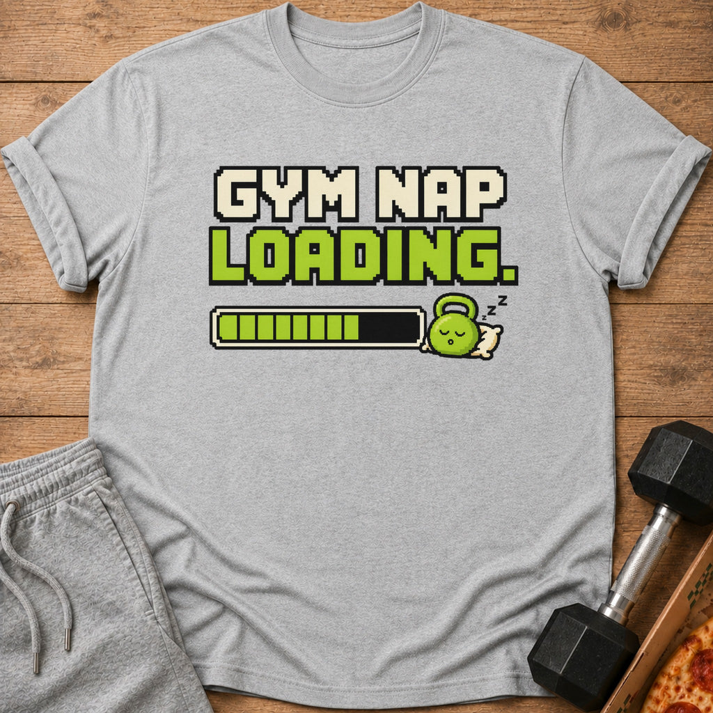 Grey t-shirt with "Gym Nap Loading" text and pixelated loading bar.