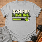 Grey t-shirt with "Gym Nap Loading" text and pixelated loading bar.