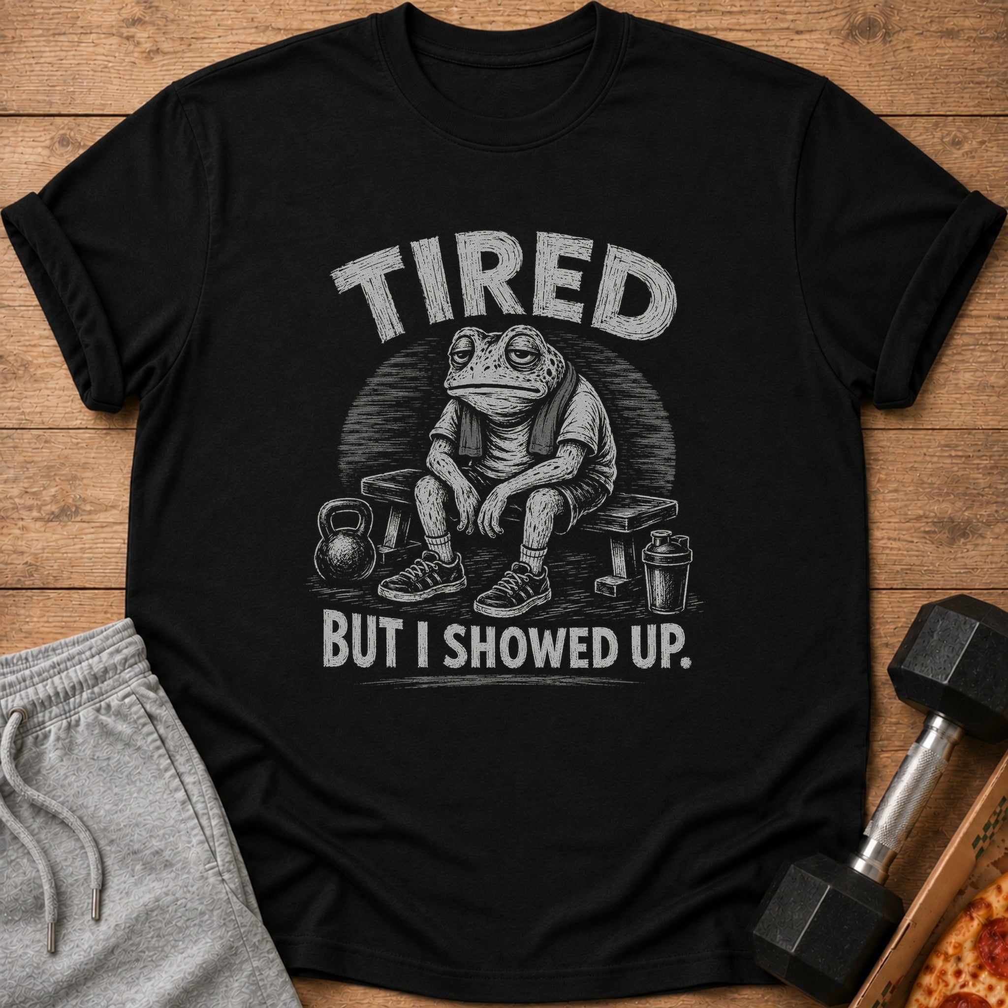 Black t-shirt with tired frog graphic and text "TIRED BUT I SHOWED UP."