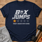 Navy t-shirt with "Box Jumps Trust Issues With Shins" text and a skull graphic.