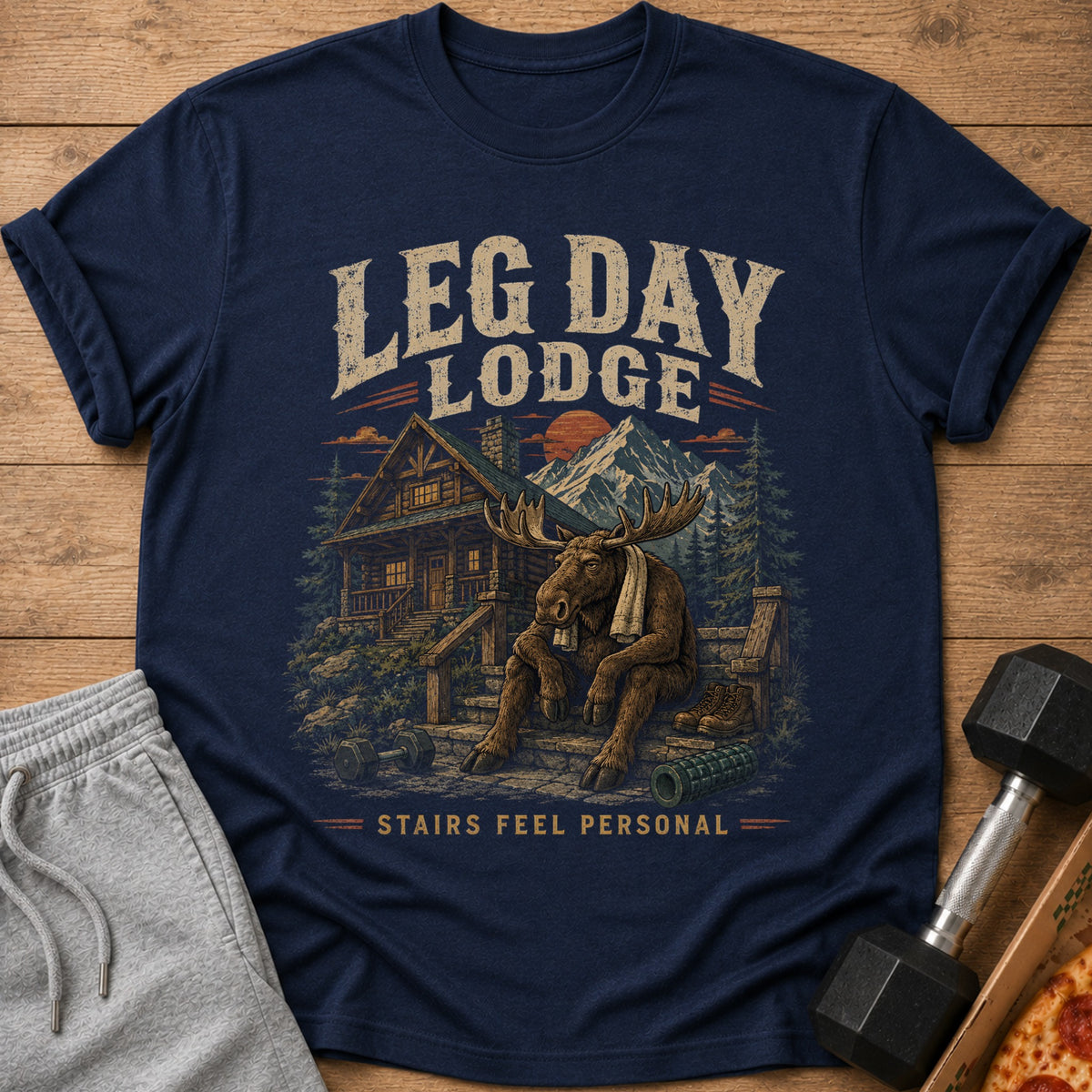 T-shirt with "LEG DAY LODGE" text and moose sitting with gym equipment.