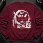 Maroon sweatshirt with "The Way of The Low Rep" text, dumbbells, kettlebell, and Japanese writing.