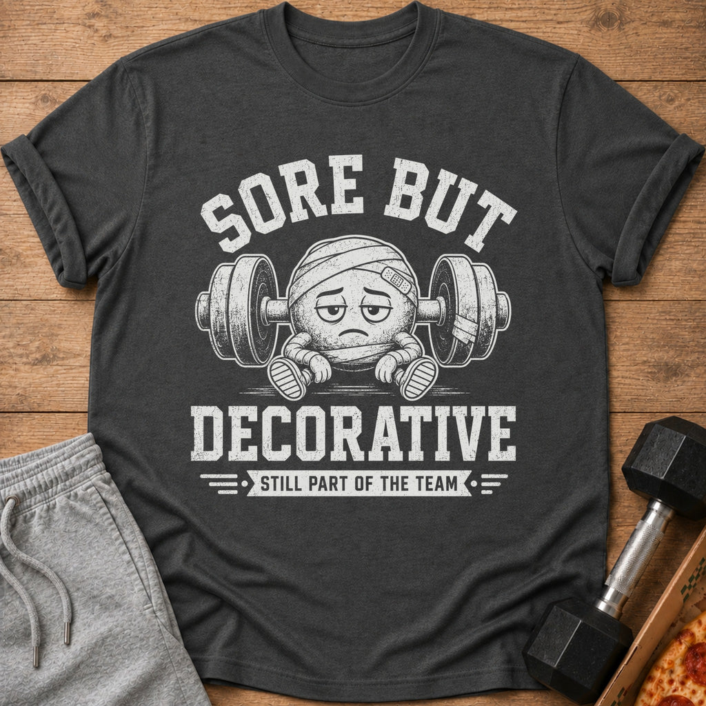 Dark grey t-shirt with "Sore But Decorative" text and injured emoji lifting weights.