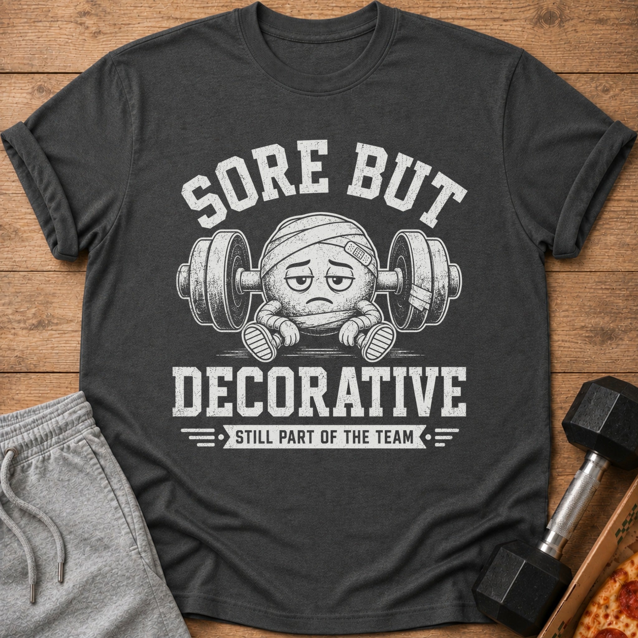Dark grey t-shirt with "Sore But Decorative" text and injured emoji lifting weights.
