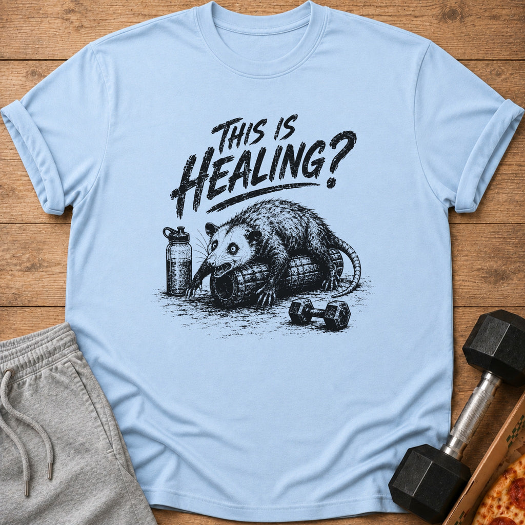 Light blue t-shirt graphic of a possum on a foam roller with text "This is Healing?".