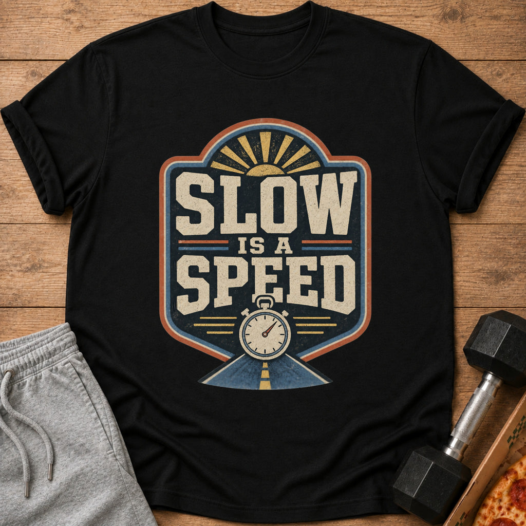 Black t-shirt with "SLOW IS A SPEED" text and stopwatch graphic.