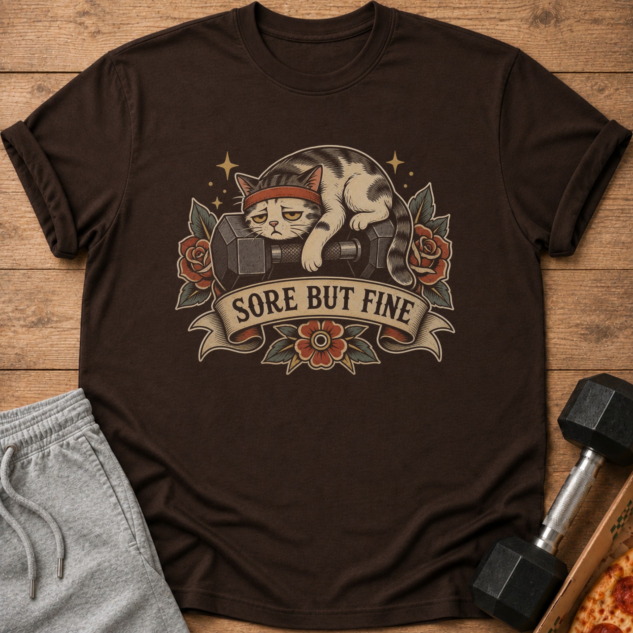 Brown t-shirt with distressed cat on dumbbell design and "Sore But Fine" text.