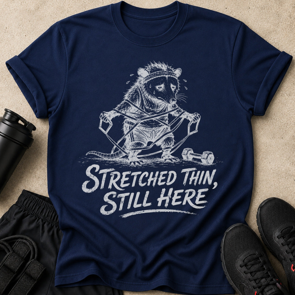 Navy t-shirt with distressed white graphic of a possum working out and text.