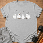 Gray t-shirt with cartoon animals in ghost costumes and Halloween bats.