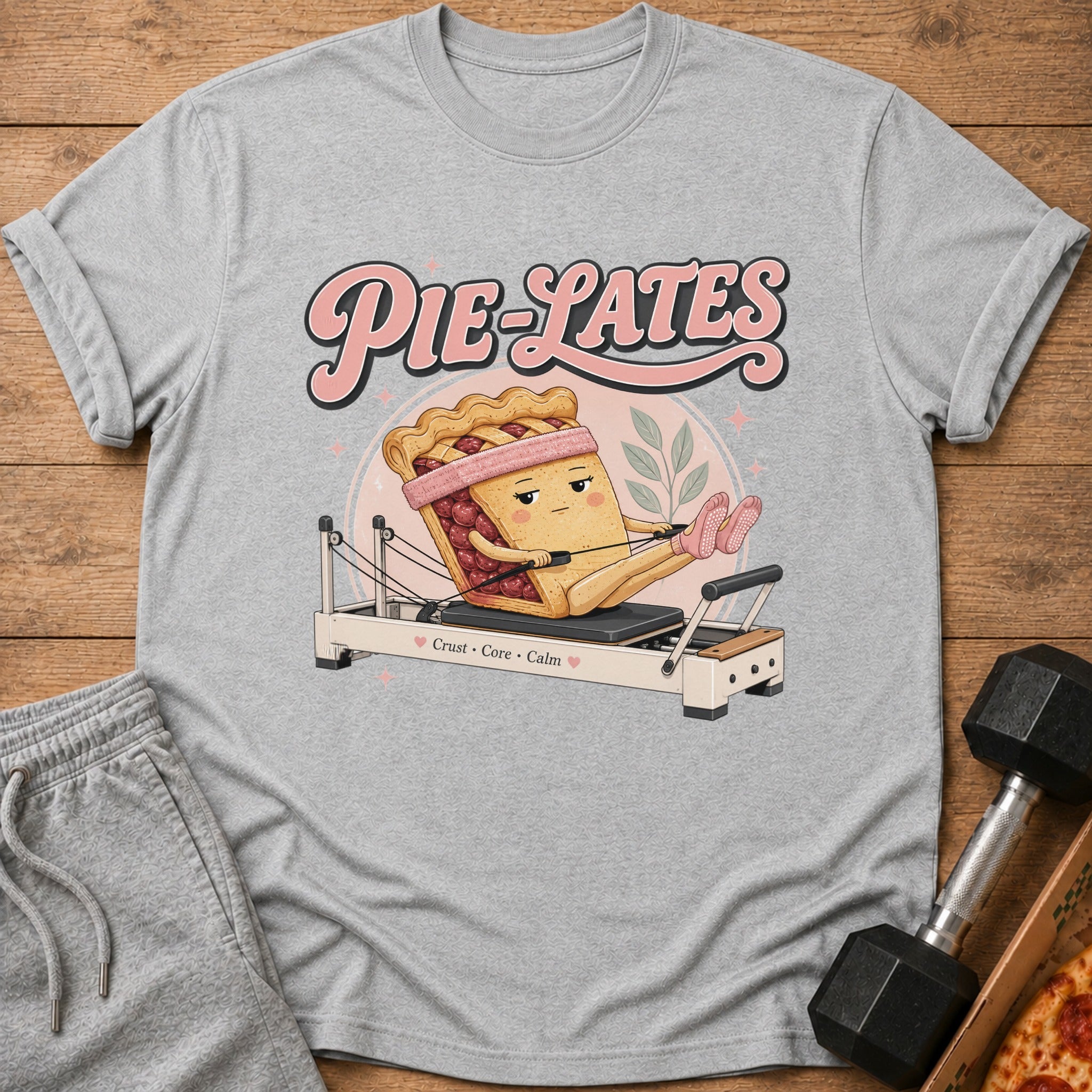 "Pie-Lates" graphic on a grey t-shirt with a pie character exercising.