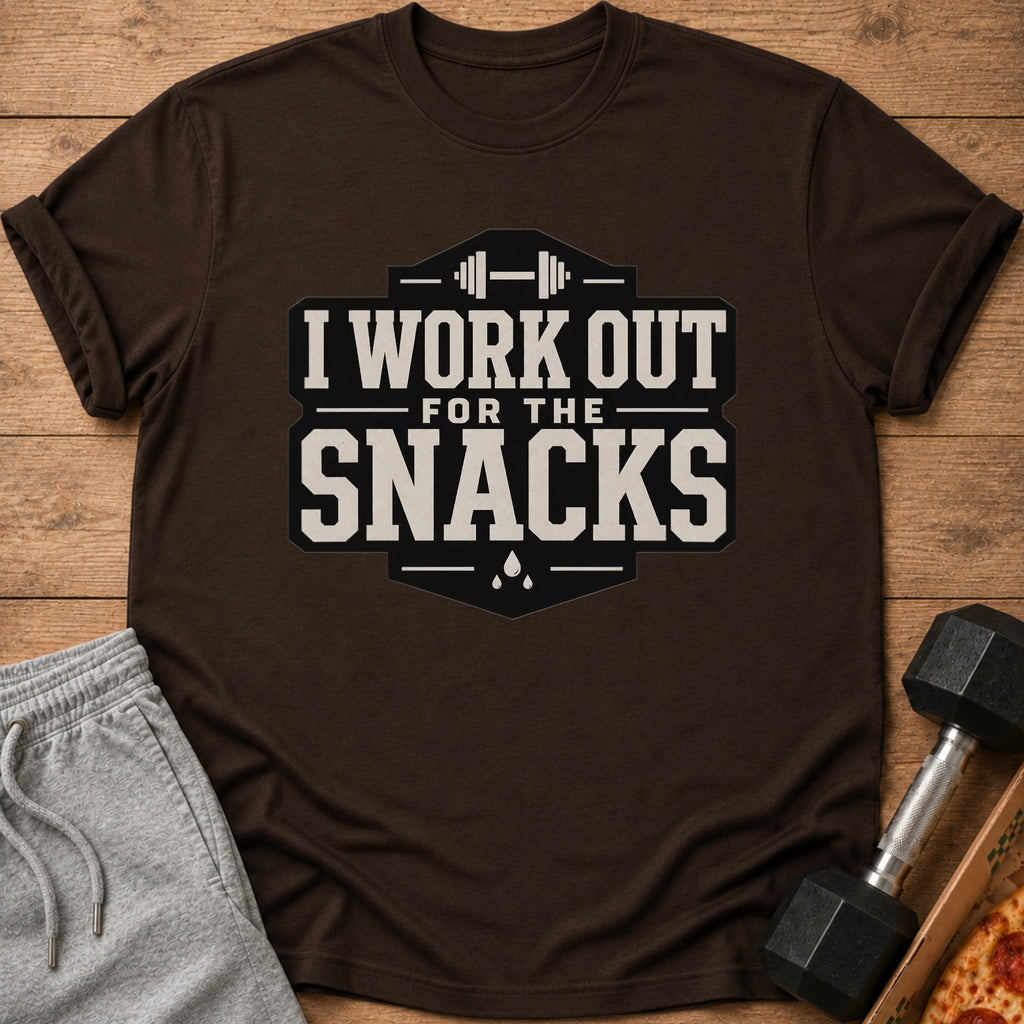 Brown t-shirt with text "I WORK OUT FOR THE SNACKS" and dumbbell graphics.