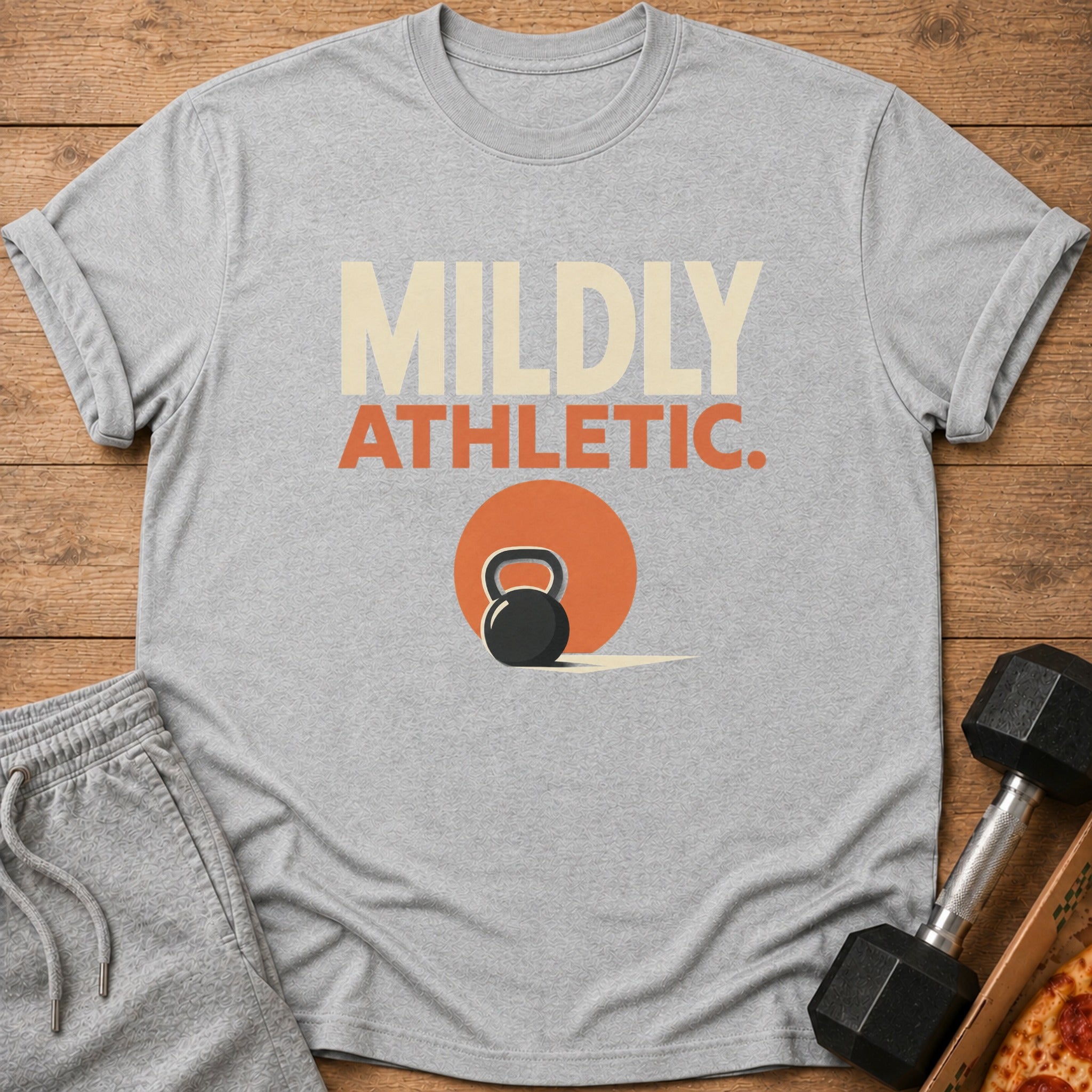 Grey t-shirt with "MILDLY ATHLETIC." text and kettlebell graphic.